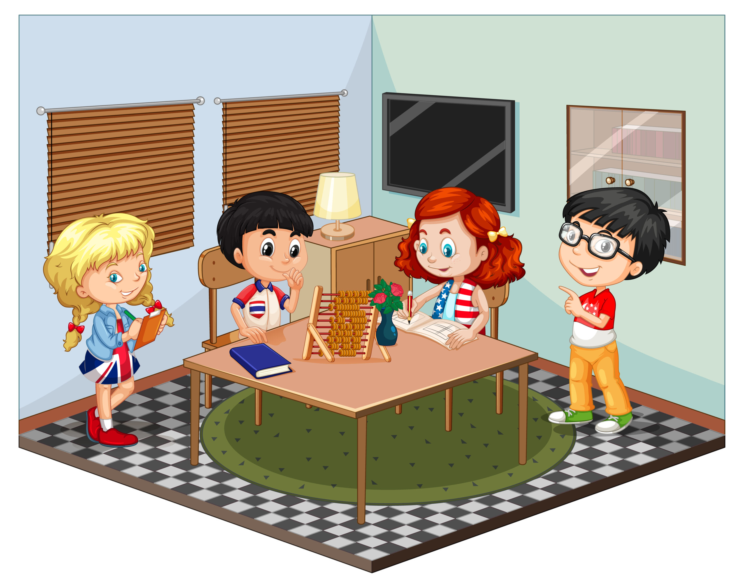 Kids in the living room scene on white background illustration