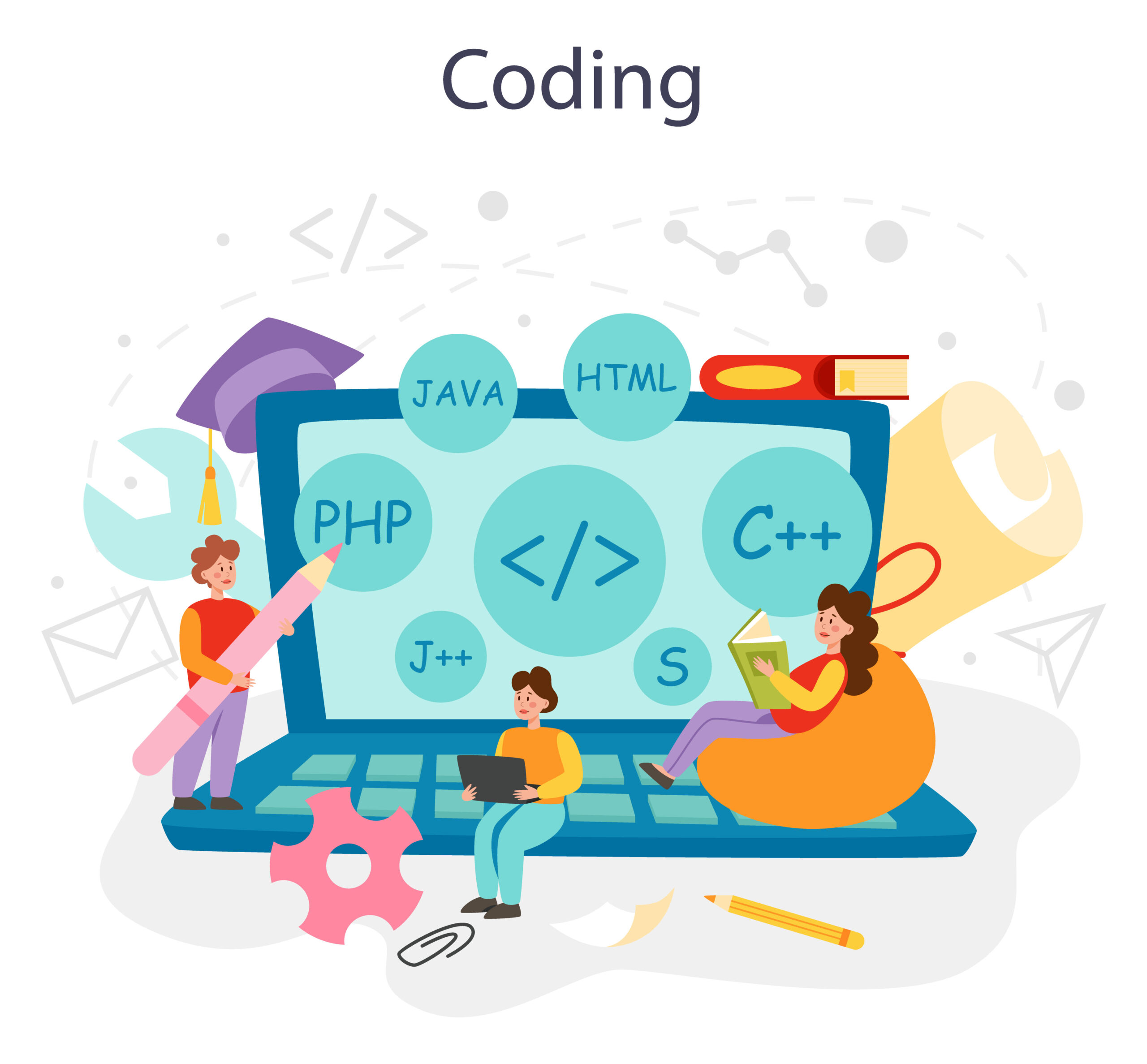 Programming concept. IT education, student writing a software and coding application. Java script for IT project. Digital technology development for website interface. Vector illustration.